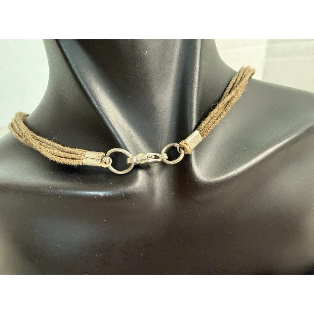 Chunky Round Wood Disc & Textured Silver Statement Necklace Rope Cord Boho